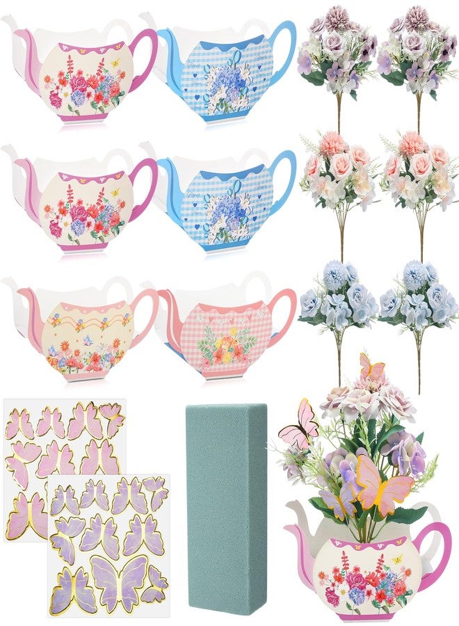 Lunmon 53 Pcs Floral Tea Party Decorations,6 Teapot Flower Boxes Tea Party Centerpiece for Table with 6 Artificial Peony Bouquets,40 Butterfly Plugin, Flower Mud for Princess Floral Wedding(Cute) - Image 1